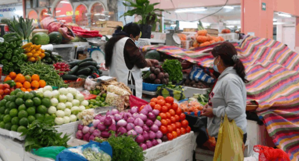 Familia ecuatoriana revisando presupuesto y calculando gastos de la canasta básica familiar en Ecuador sobre mesa con productos