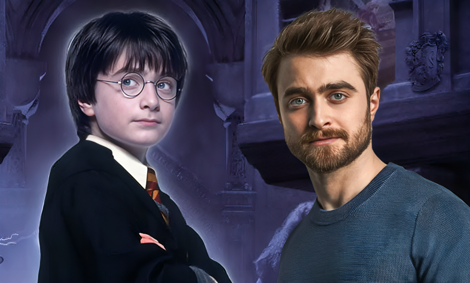 Daniel Radcliffe en una entrevista reciente, vistiendo traje casual y con expresión reflexiva, fondo de teatro neoyorquino.