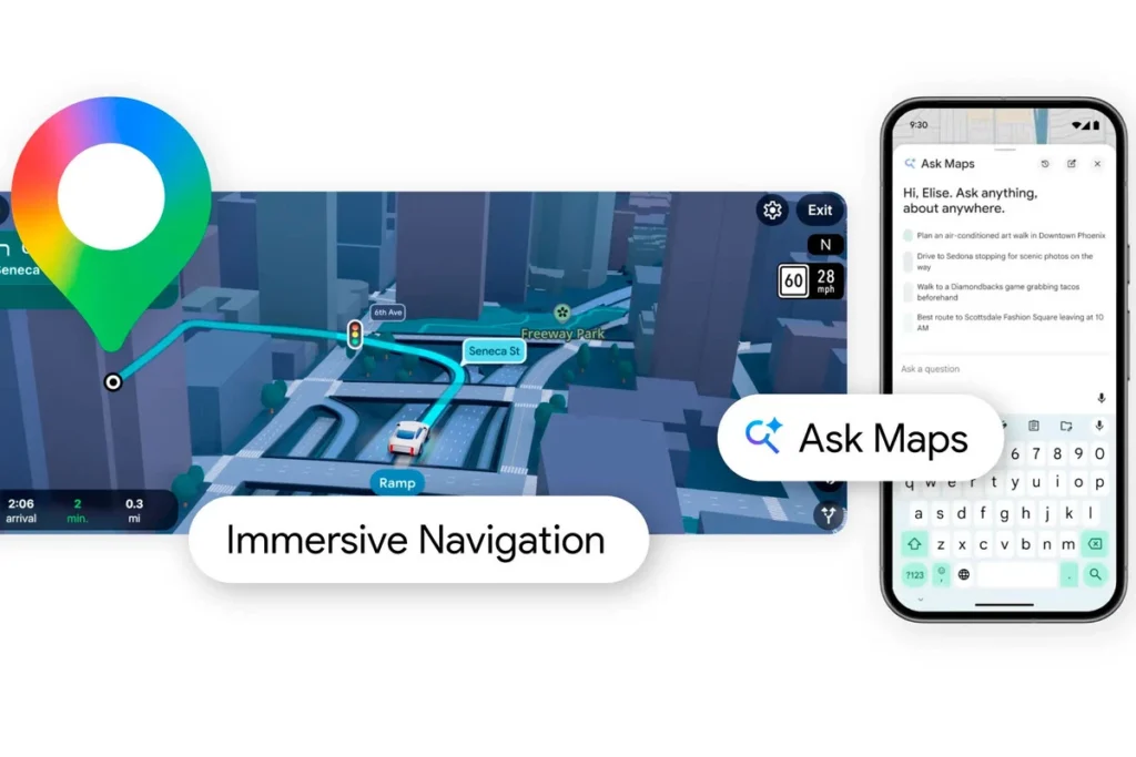 Interfaz de la actualización de Google Maps con edificios en 3D y navegación inmersiva en pantalla.