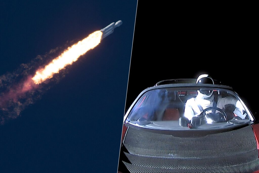 El maniquí Starman pilotando el Tesla Roadster en el espacio con el horizonte terrestre de fondo.