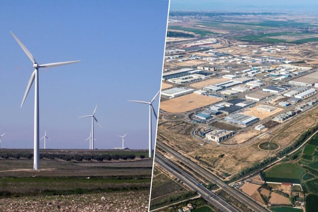 Mapa técnico del sector energético de Aragón destacando parques eólicos y centros de datos.