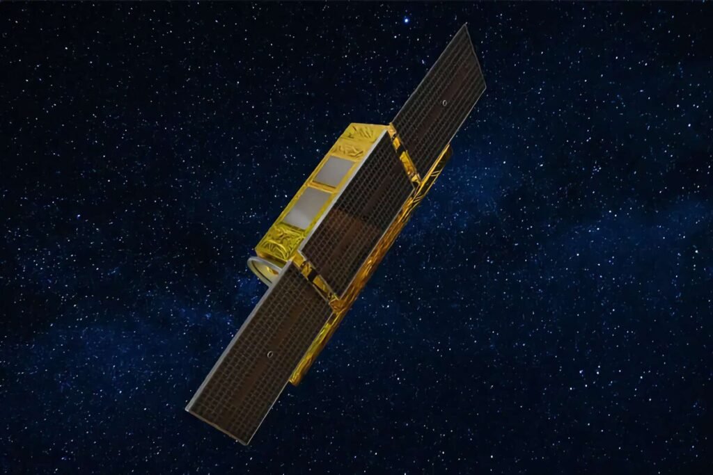 Representación técnica de un satélite militar europeo operando en la órbita terrestre muy baja VLEO.