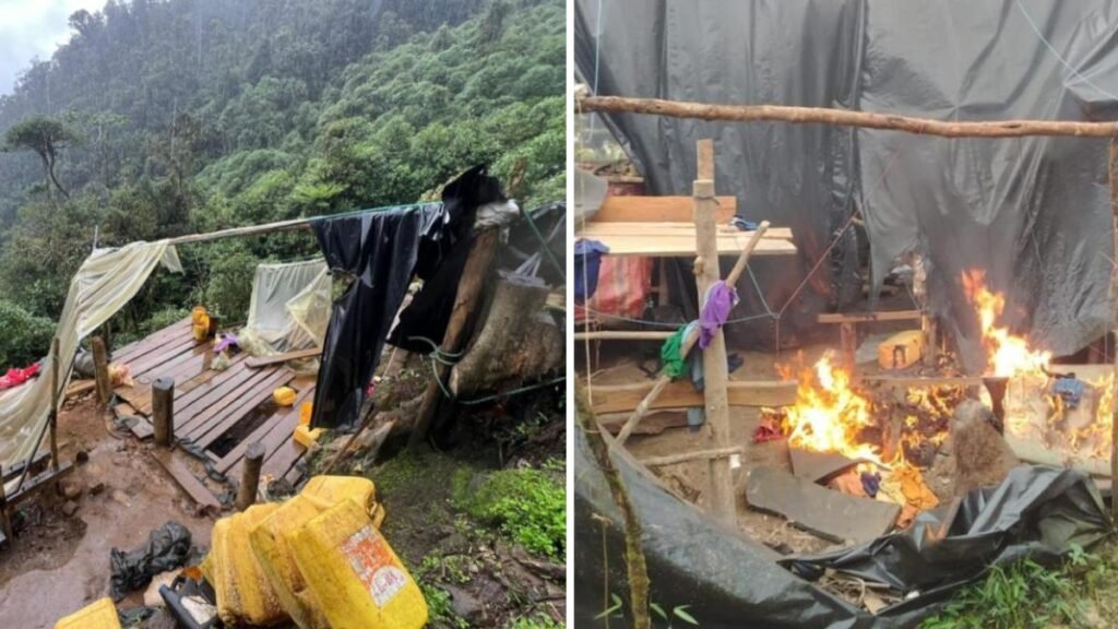 Campamentos de minería ilegal destruidos por militares en el Parque Nacional Podocarpus durante operativos en Zamora Chinchipe