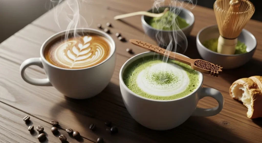 Taza de matcha en polvo con fondo de hojas de té verde y una taza de café recién hecha