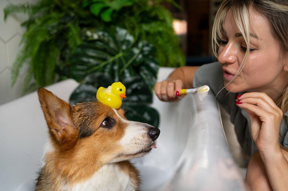 Persona cepillando a su perro en casa, hábitos de higiene para mascotas en casa