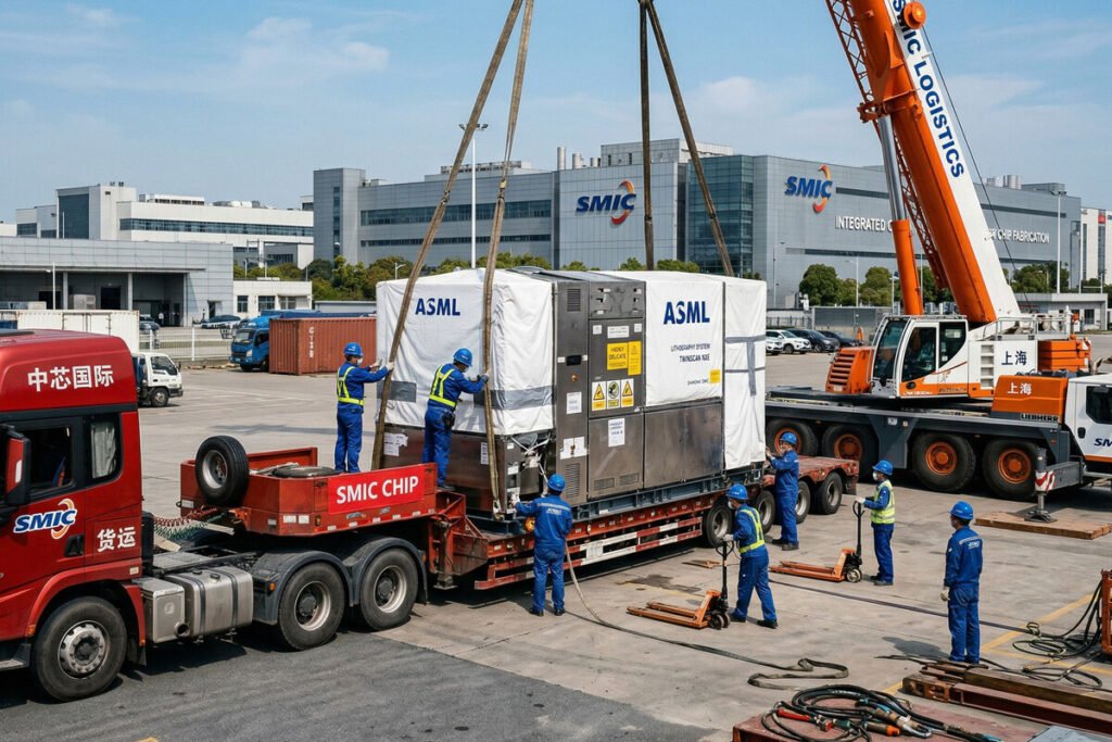 Ingenieros supervisando los equipos de fabricación de chips avanzados en una planta de semiconductores de alta tecnología.