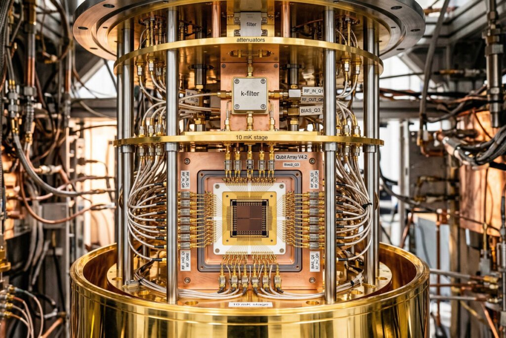 Visualización del superordenador Perlmutter procesando el diseño de hardware cuántico mediante miles de GPU NVIDIA.
