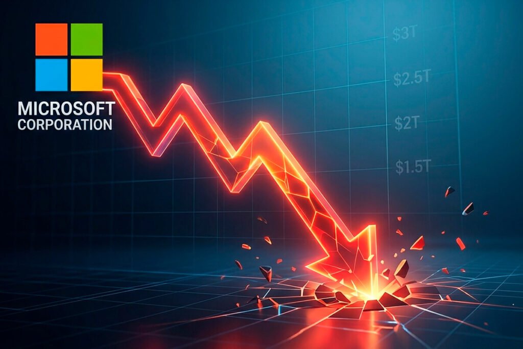 Gráfico financiero que ilustra el descenso del valor bursátil de la estrategia de IA de Microsoft en el Nasdaq.