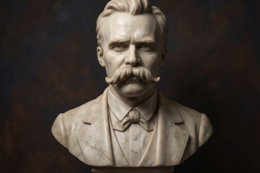 Retrato conceptual de la filosofía de Friedrich Nietzsche analizando la psicología del lenguaje y el tono.