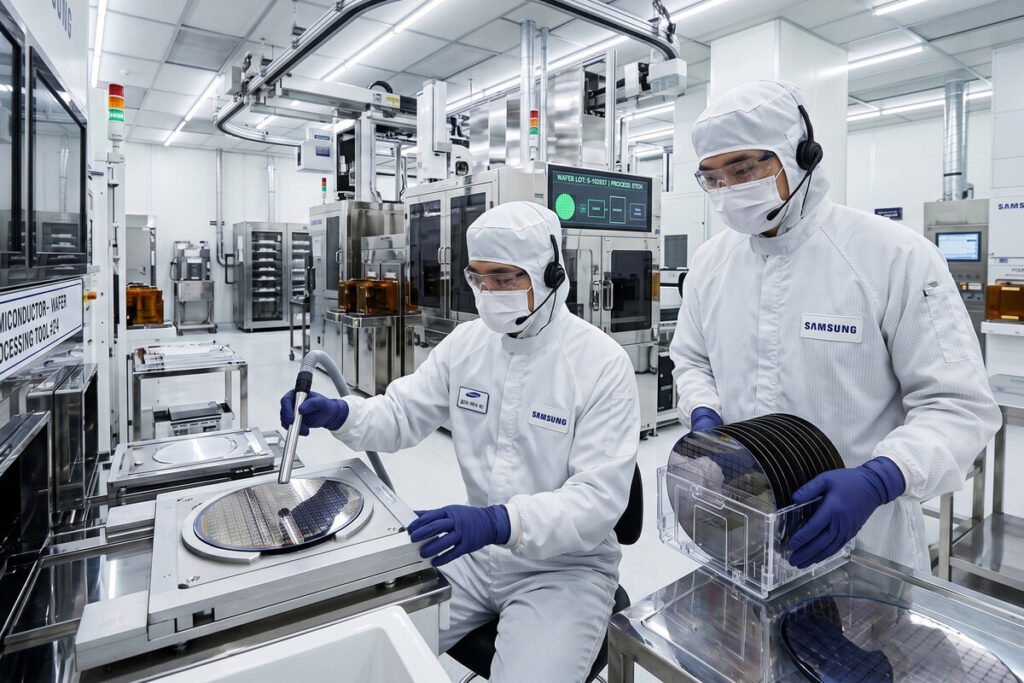 Ingenieros analizando el rendimiento por oblea de Samsung en una fábrica de semiconductores de 2 nanómetros.