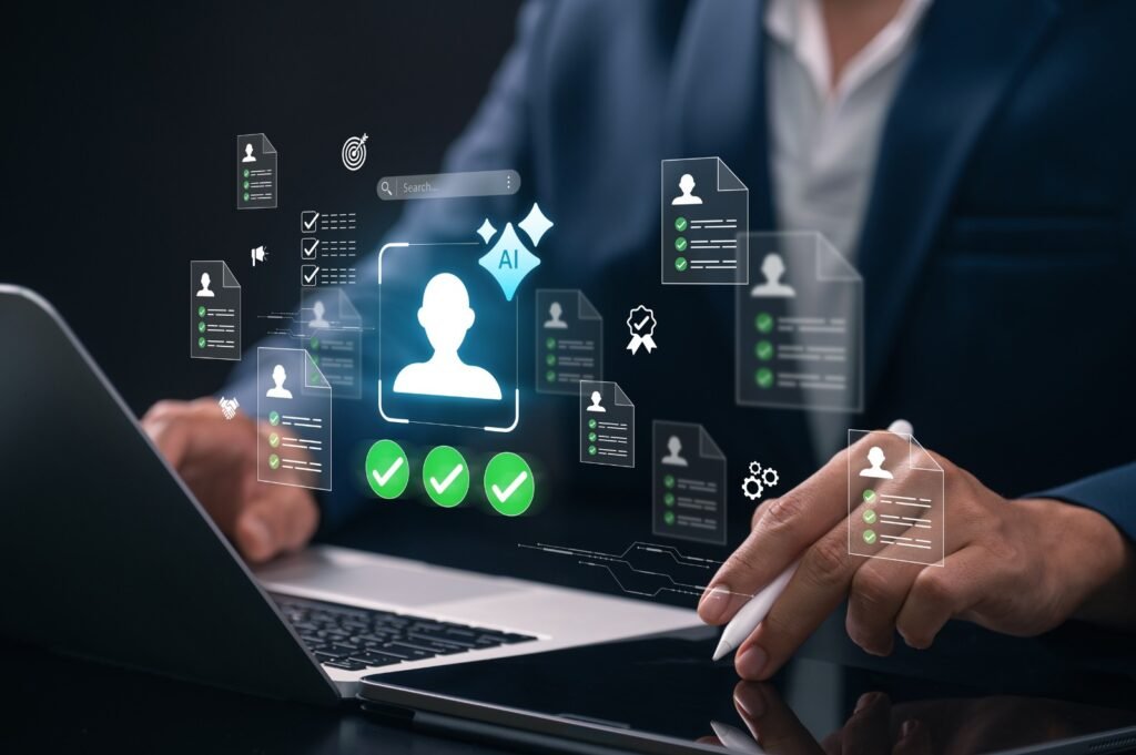 Profesional de recursos humanos analizando datos mediante la IA en la selección de talento en una oficina moderna.