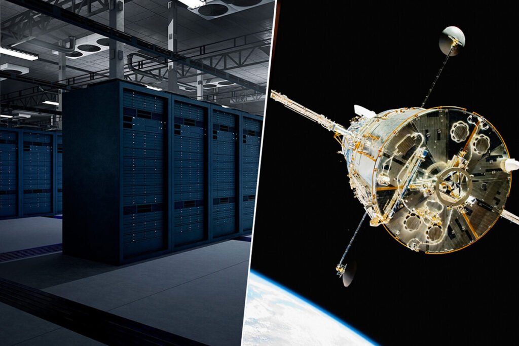 Representación artística de centros de datos para IA en el espacio orbitando la Tierra sin protección atmosférica.