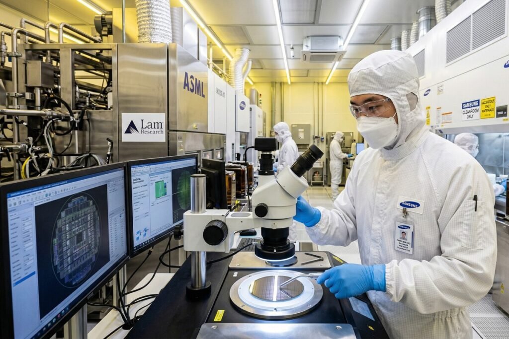 Infografía de la tecnología Fork Sheet aplicada en los futuros chips de 1 nm de Samsung para mayor densidad.