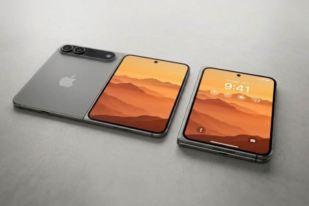 Prototipo conceptual del iPhone plegable en fase de pruebas de validación técnica EVT en 2026.
