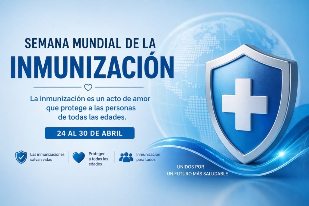 Infografía que ilustra la Semana Mundial de la Inmunización con niños vacunándose y datos clave sobre la prevención de enfermedades
