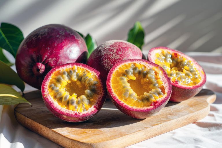 Una canasta de maracuyás frescos y vibrantes, mostrando su cáscara púrpura y amarilla, con algunas frutas cortadas revelando su jugosa pulpa y semillas, en un fondo tropical.