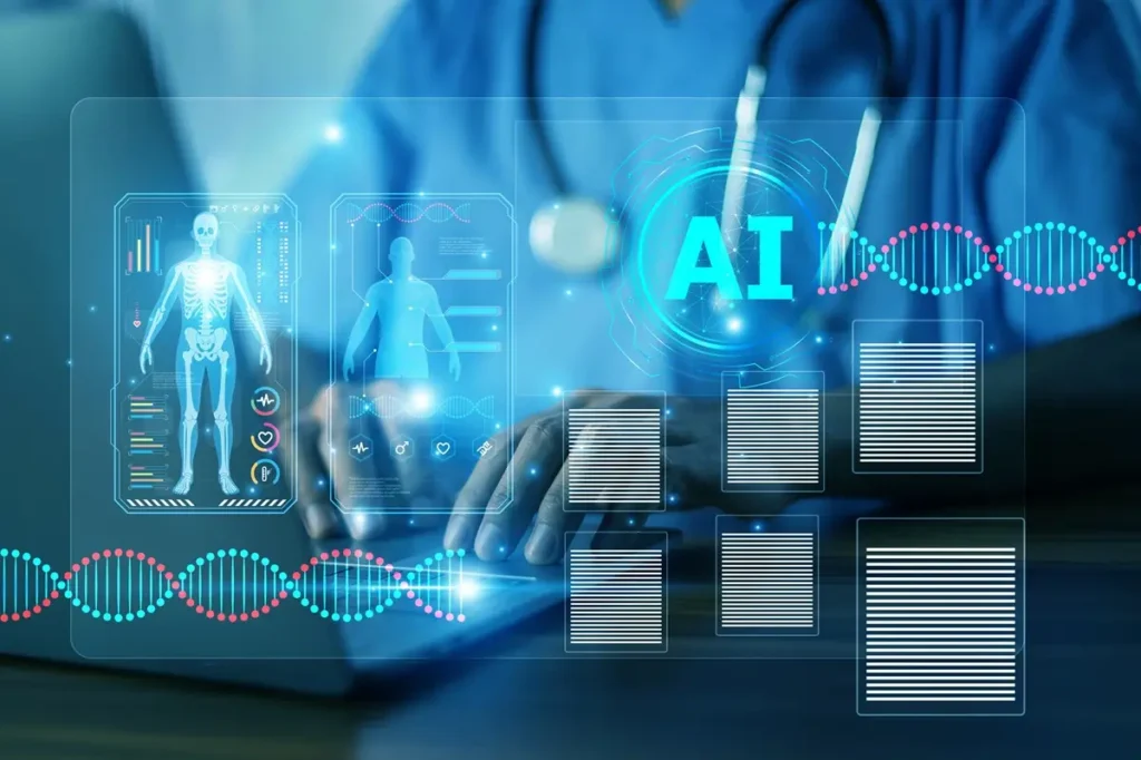Representación visual de la integración de tecnología y salud, mostrando elementos de salud digital e IA en un entorno hospitalario español