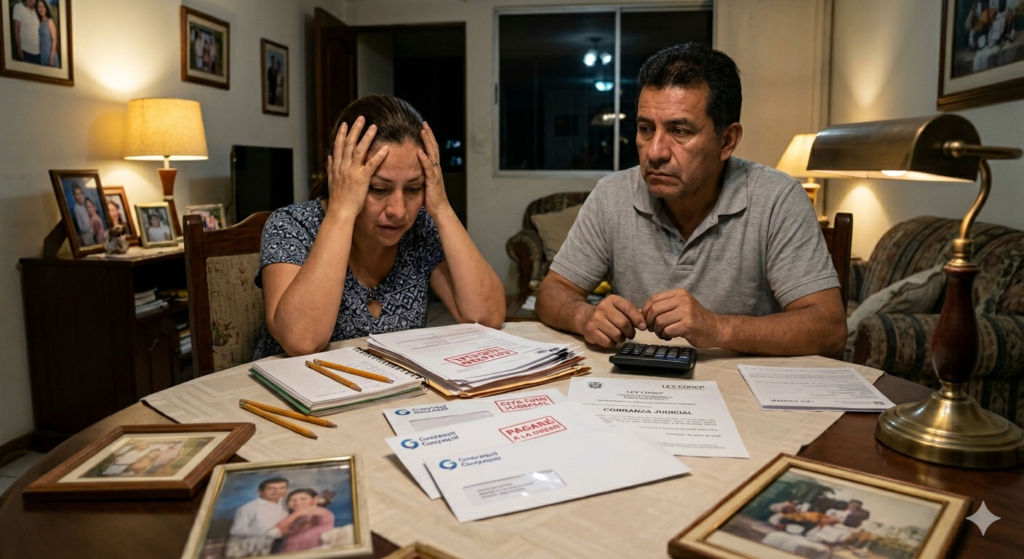 personas revisando documentos legales por deudas en Ecuador