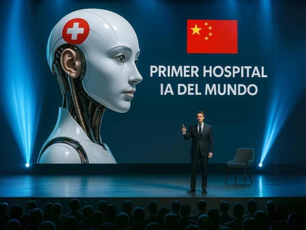 epresentación visual de un hospital moderno con elementos de inteligencia artificial integrados, mostrando la conexión entre pacientes, médicos y tecnología para una atención médica avanzada.