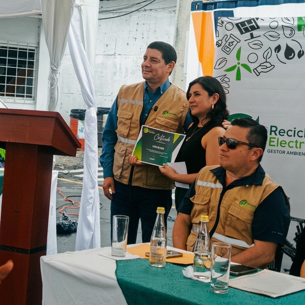 Personal técnico de Indurama supervisando la gestión de residuos electrónicos recolectados en las Islas Galápagos.