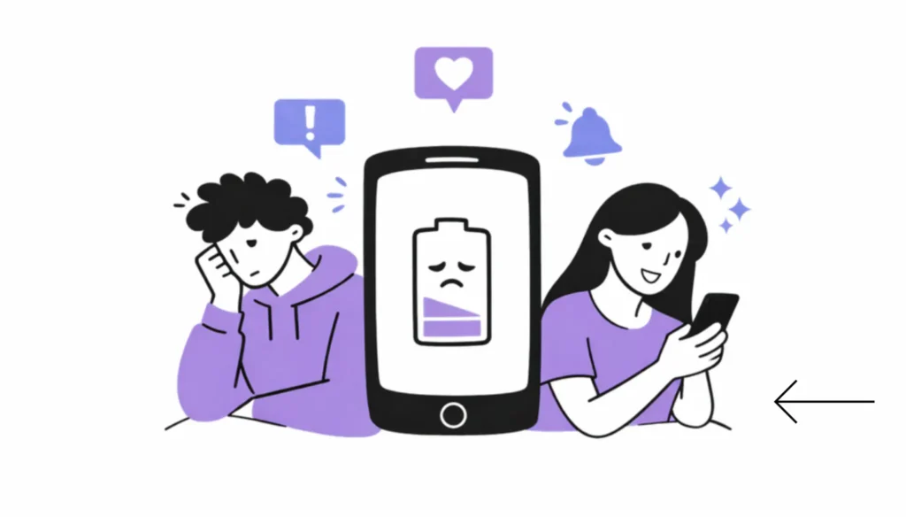 Jóvenes iberoamericanos utilizando smartphones con expresiones de preocupación y ansiedad, simbolizando el impacto de las redes sociales en su salud mental.