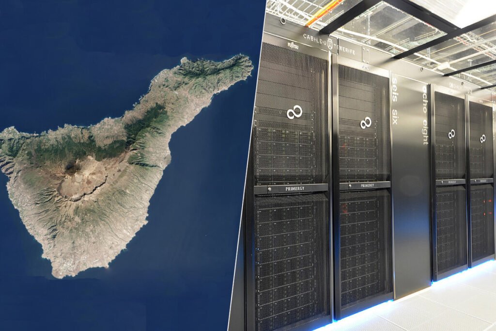 Servidores de última generación iluminados dentro del nuevo Centro del Atlántico destinado a la supercomputación en Tenerife.