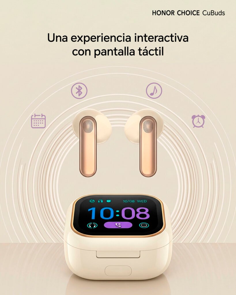 Audífonos con pantalla interactiva HONOR CuBuds mostrando interfaz personalizada con fotos y calendario