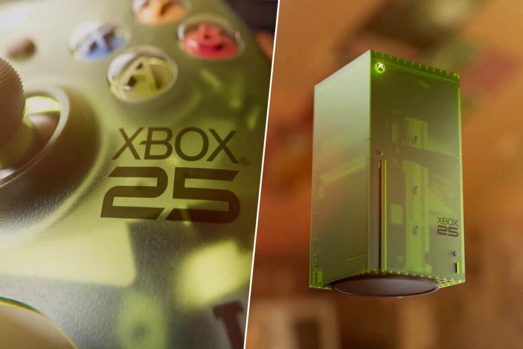Vista frontal de la nueva consola Xbox Series X25 mostrando su diseño translúcido color verde y el logotipo conmemorativo.
