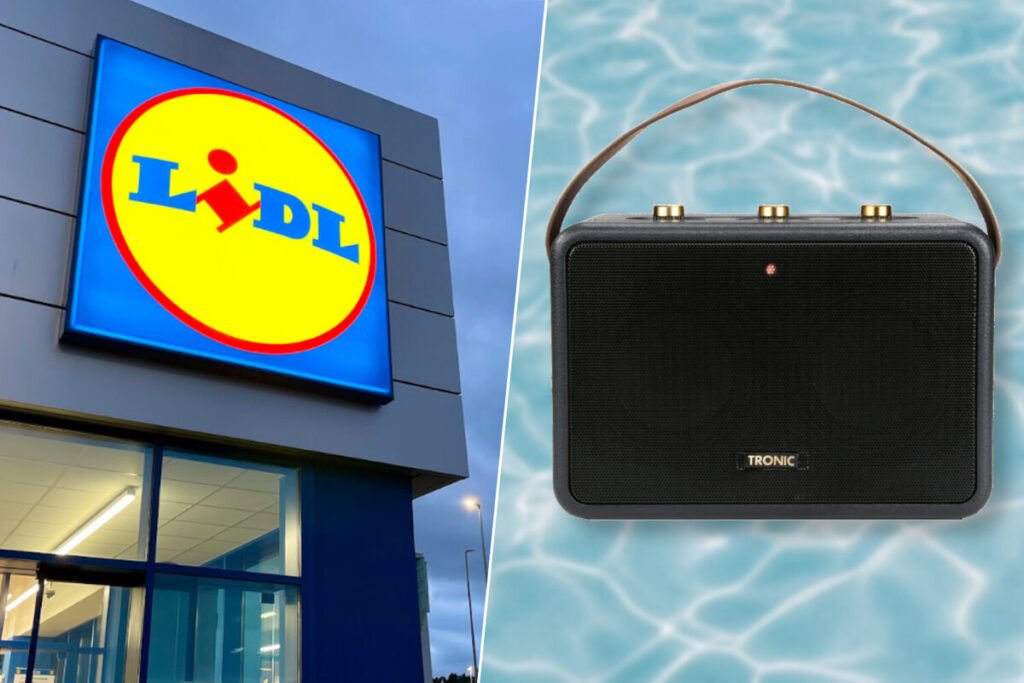 Dispositivo de audio inalámbrico con acabados dorados y correa de transporte, destacando el altavoz Bluetooth Tronic en Lidl.