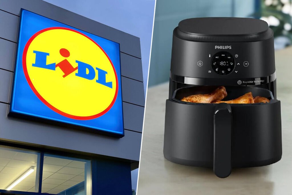 Compartimento de cocción abierto de la freidora de aire Philips en Lidl mostrando papas fritas crujientes y panel digital.