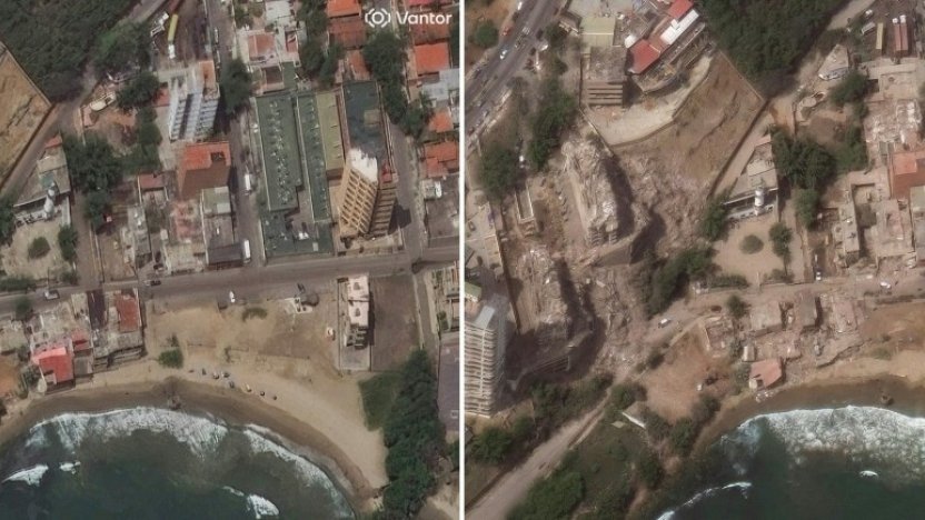 Vista aérea comparativa que muestra edificios turísticos destruidos y escombros acumulados junto a la costa de La Guaira.