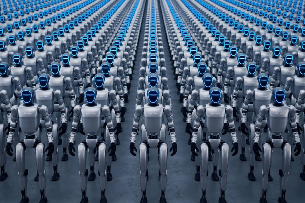 Autómata bípedo con chasis articulado y actuadores internos expuestos, ilustrando los robots humanoides de Unitree.