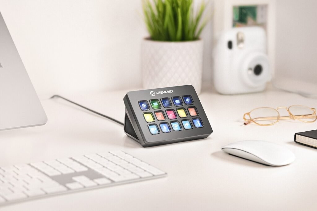 Vista superior del controlador Elgato Stream Deck en oferta en color blanco con sus 15 teclas LCD personalizadas iluminadas.