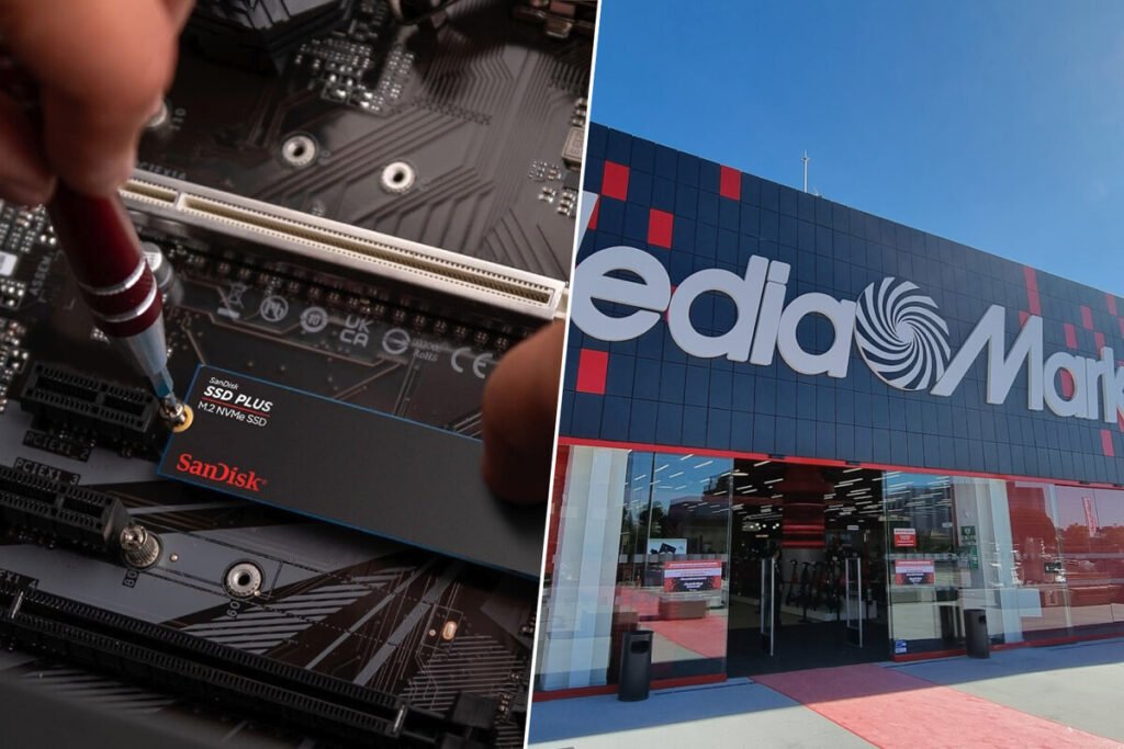 Unidad de estado sólido compacta SanDisk Plus M.2 de 1 TB, ilustrando un disco SSD NVMe en oferta sobre un fondo tecnológico.