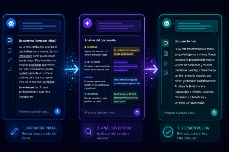 Diagrama técnico que ilustra el proceso interactivo y el encadenamiento de varias IA procesando un texto en secuencia.