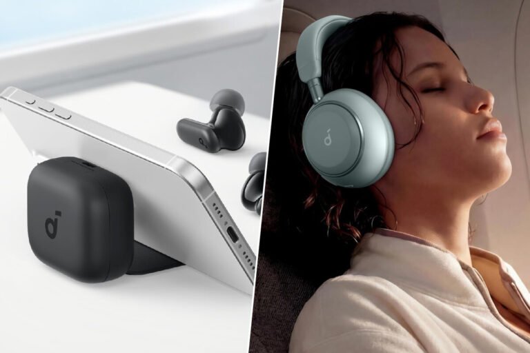 Auriculares inalámbricos de diadema con cancelación de ruido activa expuestos junto a su estuche, ilustrando los auriculares de la marca Soundcore.