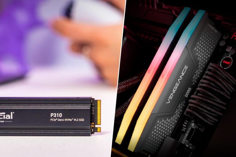 Varios módulos de memoria RAM DDR5 con iluminación RGB instalados en una placa base, representando las ofertas en memorias, tarjetas gráficas y portátiles.