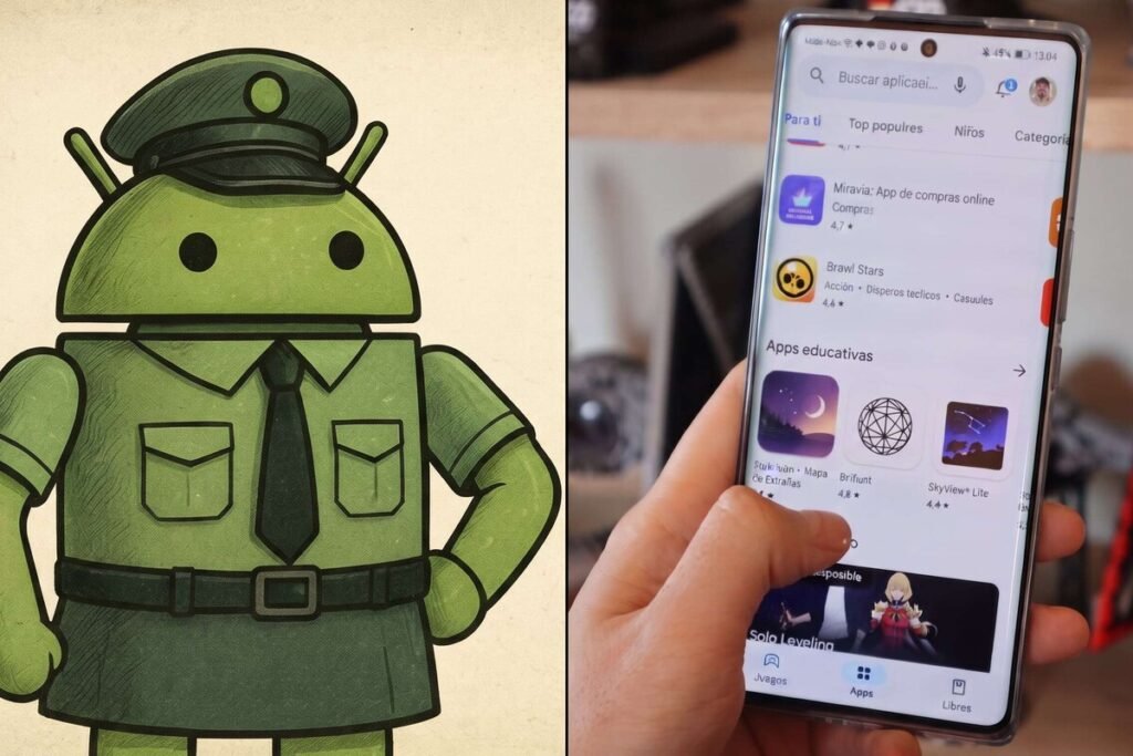 Pantalla de un teléfono inteligente mostrando un aviso de seguridad y verificación de las identificaciones de los desarrolladores que publiquen apps en Android.