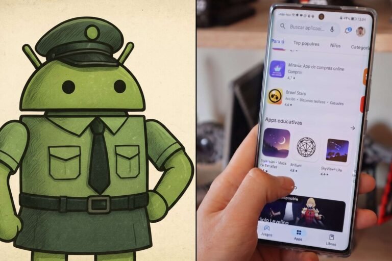 Pantalla de un teléfono inteligente mostrando un aviso de seguridad y verificación de las identificaciones de los desarrolladores que publiquen apps en Android.