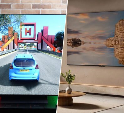 Salón moderno iluminado con una pantalla plana gigante encendida, mostrando los mejores chollos en televisores del Prime Day de Amazon.