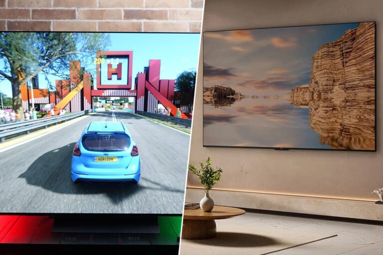 Salón moderno iluminado con una pantalla plana gigante encendida, mostrando los mejores chollos en televisores del Prime Day de Amazon.