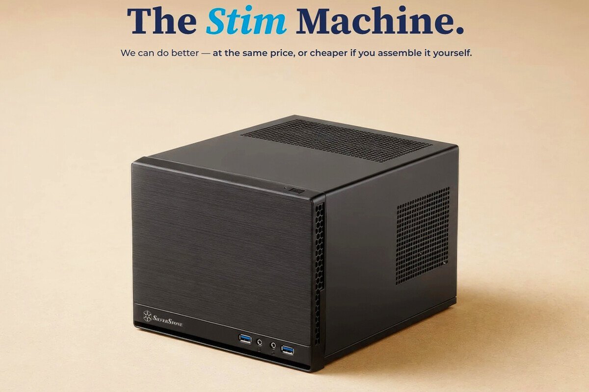 Mini PC para videojuegos con formato de consola colocado en un mueble de salón junto a un televisor, representando el PC consolizado de Valve.