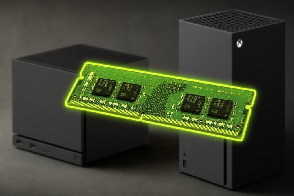 Módulos de memoria RAM e internos de almacenamiento electrónico expuestos en una fábrica automatizada, ilustrando la crisis de memorias RAM y almacenamiento.