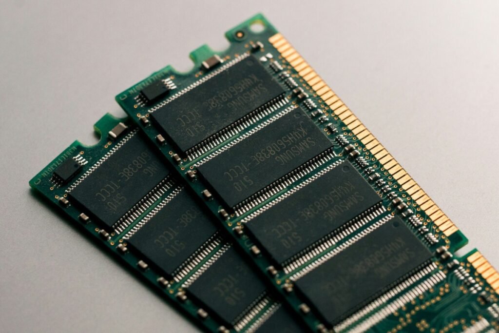 Módulos de memoria RAM DDR5 instalados en una placa base de ordenador de gama alta, ilustrando la crisis de las memorias.