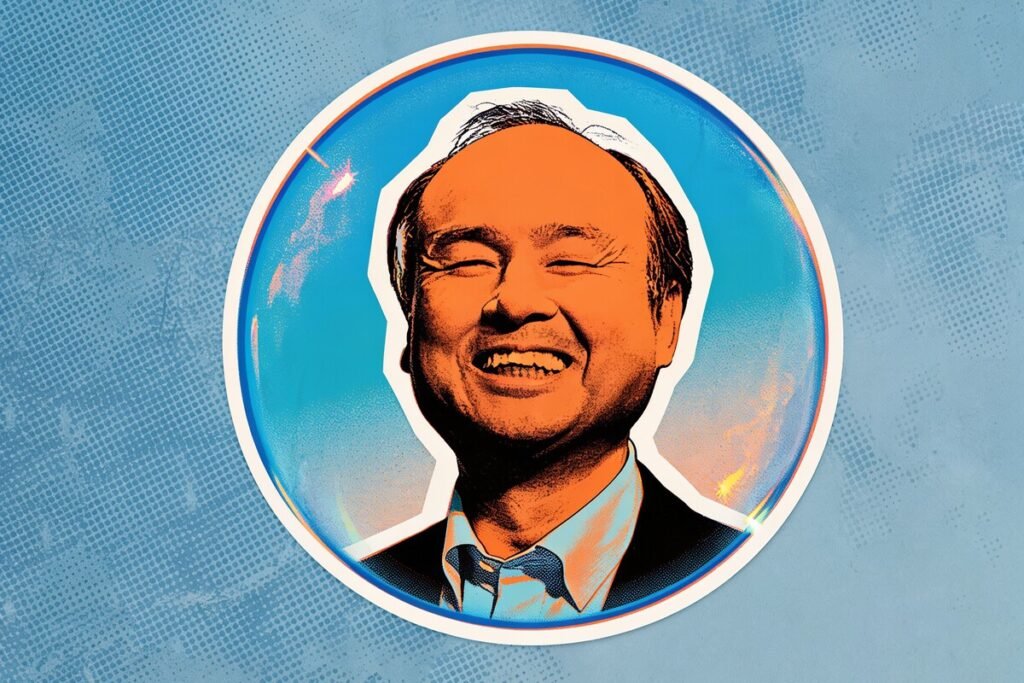 El director ejecutivo Masayoshi Son exponiendo los balances financieros y defendiendo el boom de la IA en una conferencia de SoftBank.