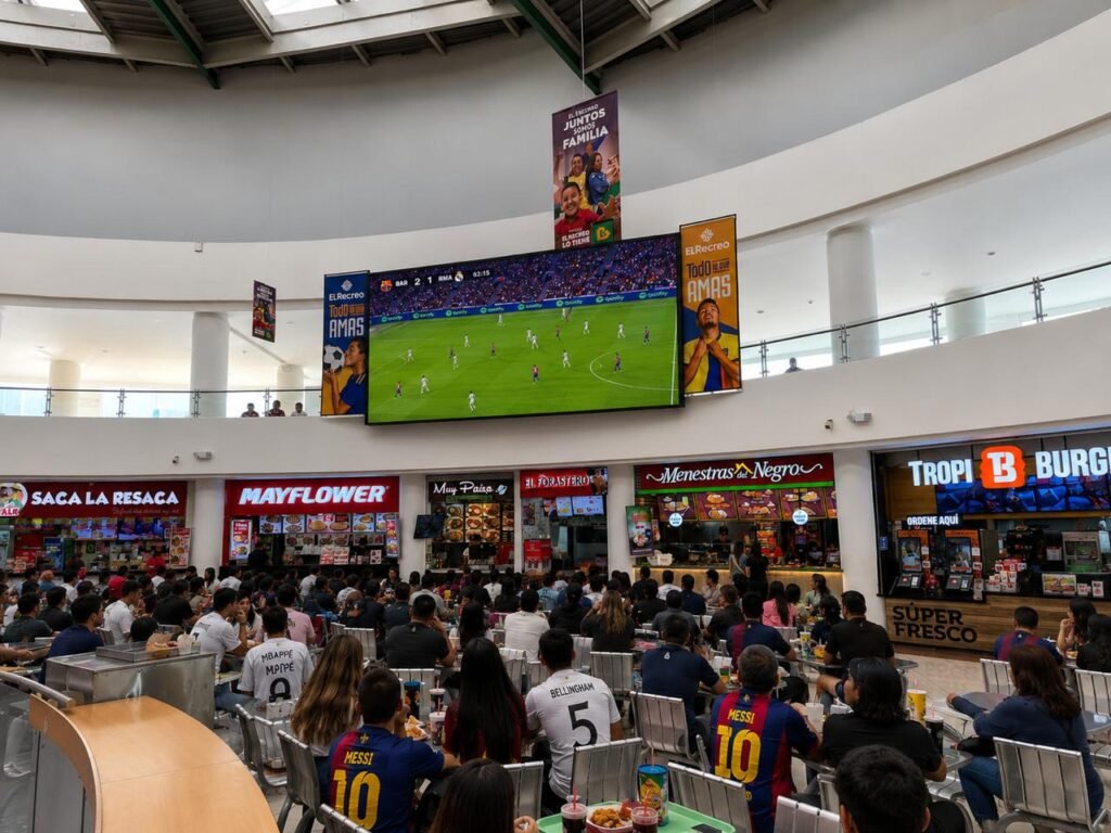 Grupo de personas celebrando un gol en pantalla grande, disfrutando del Mundial en comunidad en un espacio amplio y seguro