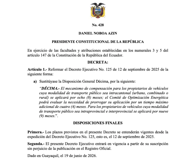 Compensación al transporte público oficializada por Daniel Noboa mediante decreto ejecutivo.