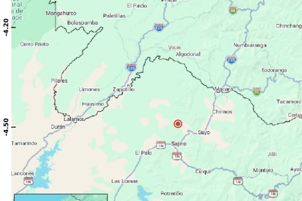 Representación gráfica del sismo en Loja de magnitud 5.5, con ubicación del epicentro en Macará y mapa de zonas donde se sintió el movimiento