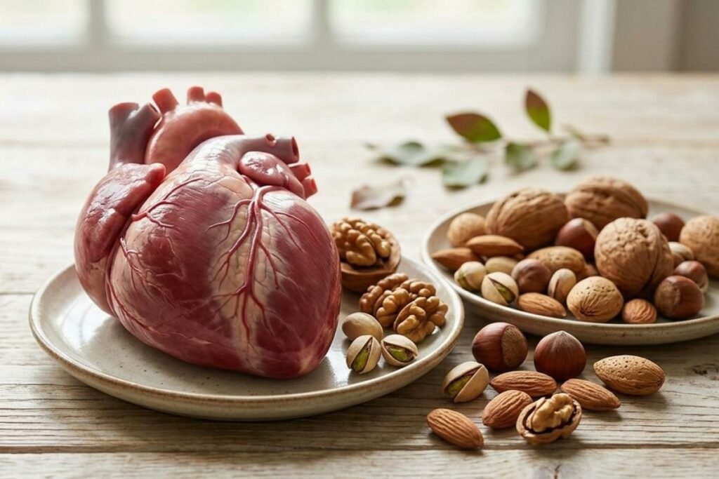 Fruto de nuez en cáscara y partido, acompañado de un plato con porción recomendada para proteger la salud del corazón