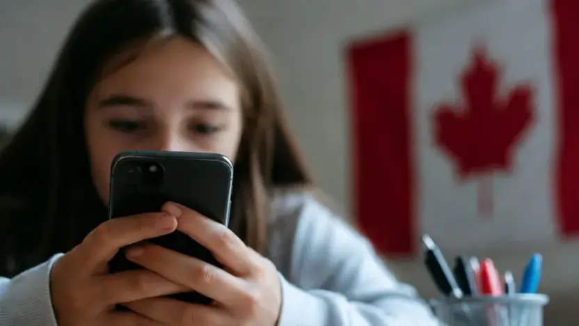 Representación gráfica sobre la medida de Canadá para prohibir redes sociales a menores de 16 años por salud mental, con símbolos de protección infantil y entornos digitales